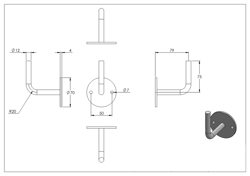 Handlaufhalter | mit Ronde 70x4 mm | zum Anschweißen | Stahl S235JR, roh
