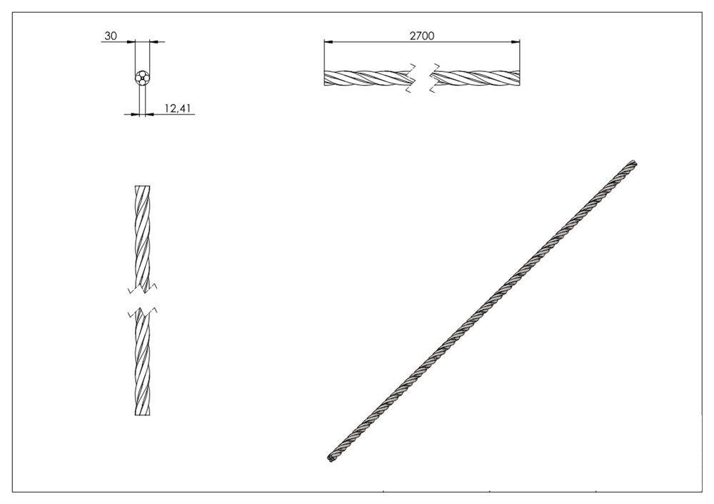 Gereeperter Handlauf | Material: Ø 30 mm | Länge: 2700 mm | Stahl (Roh) S235JR