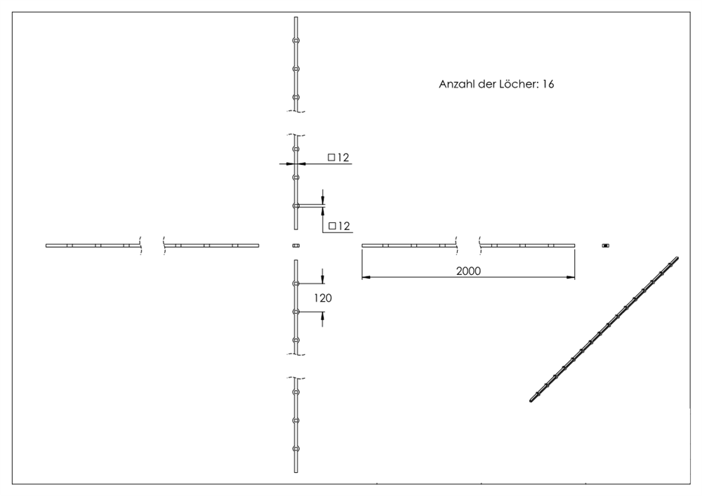 Lochleiste | für Quadratrohr | Material: 12x12 mm | Länge: 2000 mm | Stahl S235JR, roh