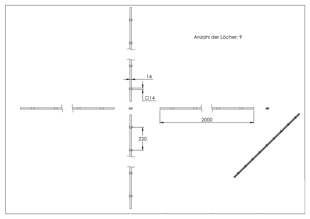 Lochleiste | für Quadratrohr | Material: 14x14 mm | Länge: 2000 mm | Stahl S235JR, roh