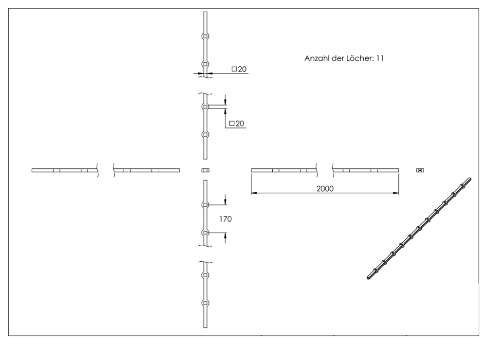 Lochleiste | vierkant | Material: 20x20 mm | Länge: 2000 mm | Stahl (Roh) S235JR