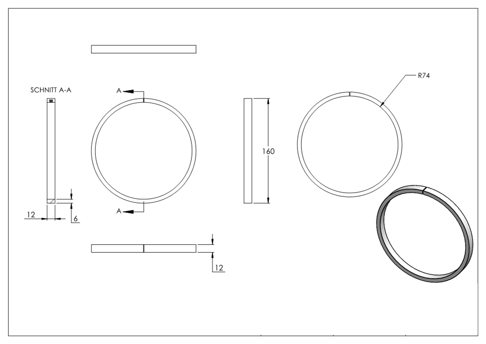 Ring | Material: 12x6 mm | Außen-Ø 160 mm | Stahl S235JR, roh