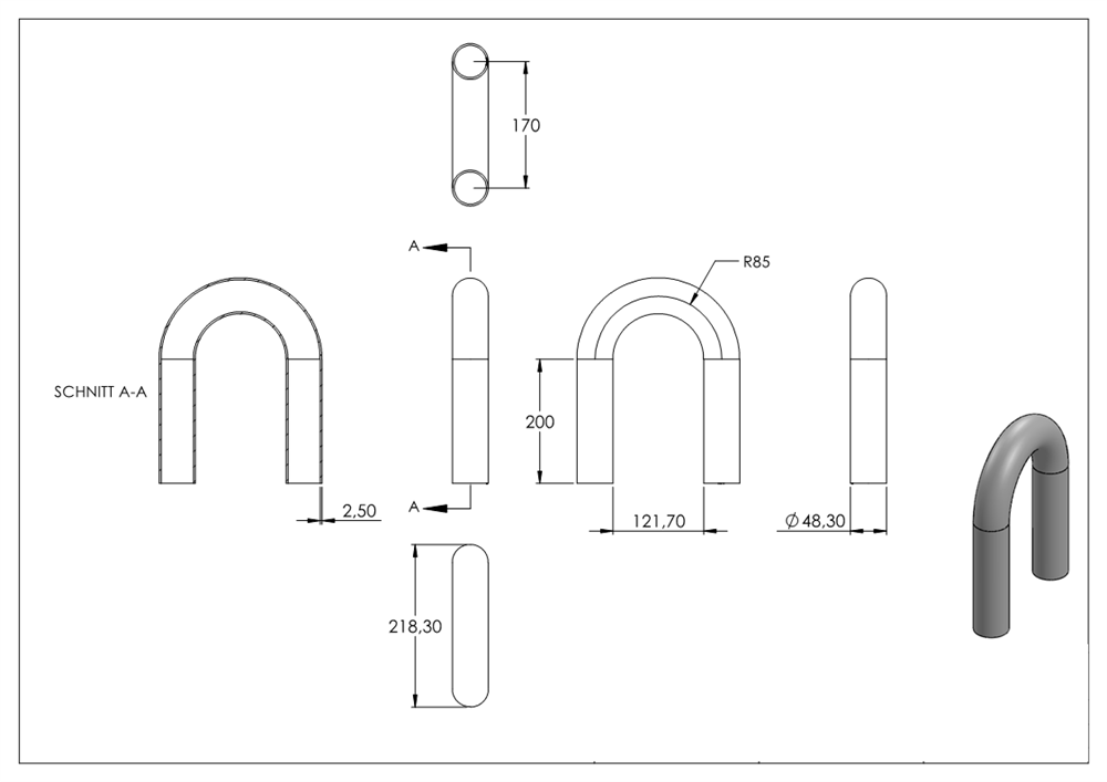 Stahl Rohrbogen | 180° | 48,3x2,5 mm | Stahl S235JR, roh