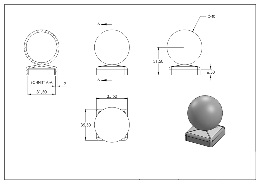 Pfeilerbedecker für Quadratrohr | 30x30 mm | mit Kugel Ø 40 mm | Stahl (Roh) S235JR