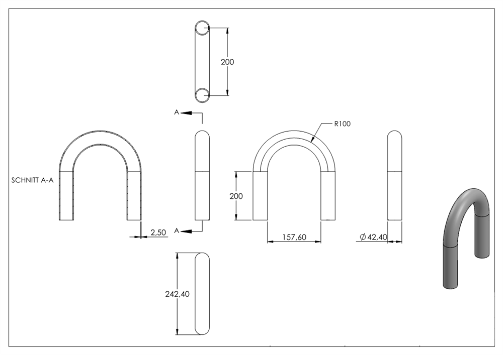 Stahl Rohrbogen | 180° | 42,4x2,5 mm | Stahl S235JR, roh