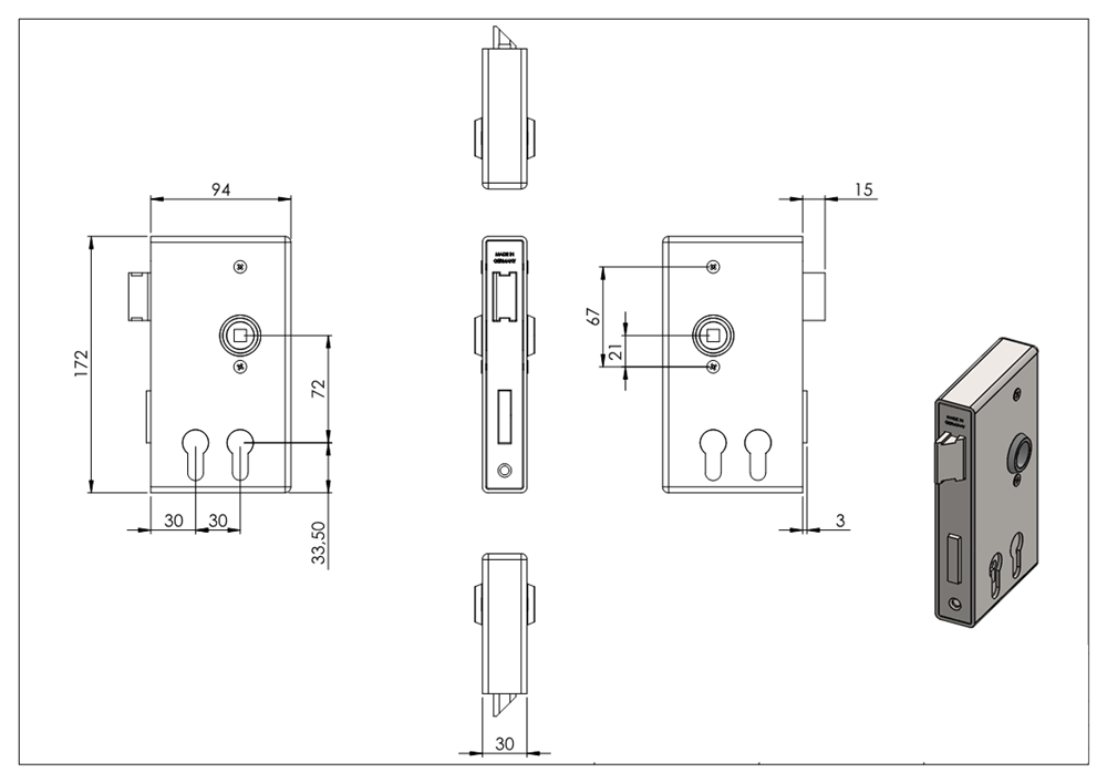 Schlosskasten | für 2 Profilzylinder | Maße: 30x94x172 mm | Stahl S235JR, roh