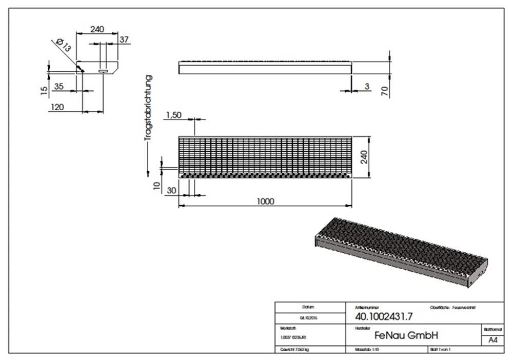 Gitterroststufe Treppenstufe | Maße: 1000x240 mm 30/10 mm | S235JR (St37-2), im Vollbad feuerverzinkt