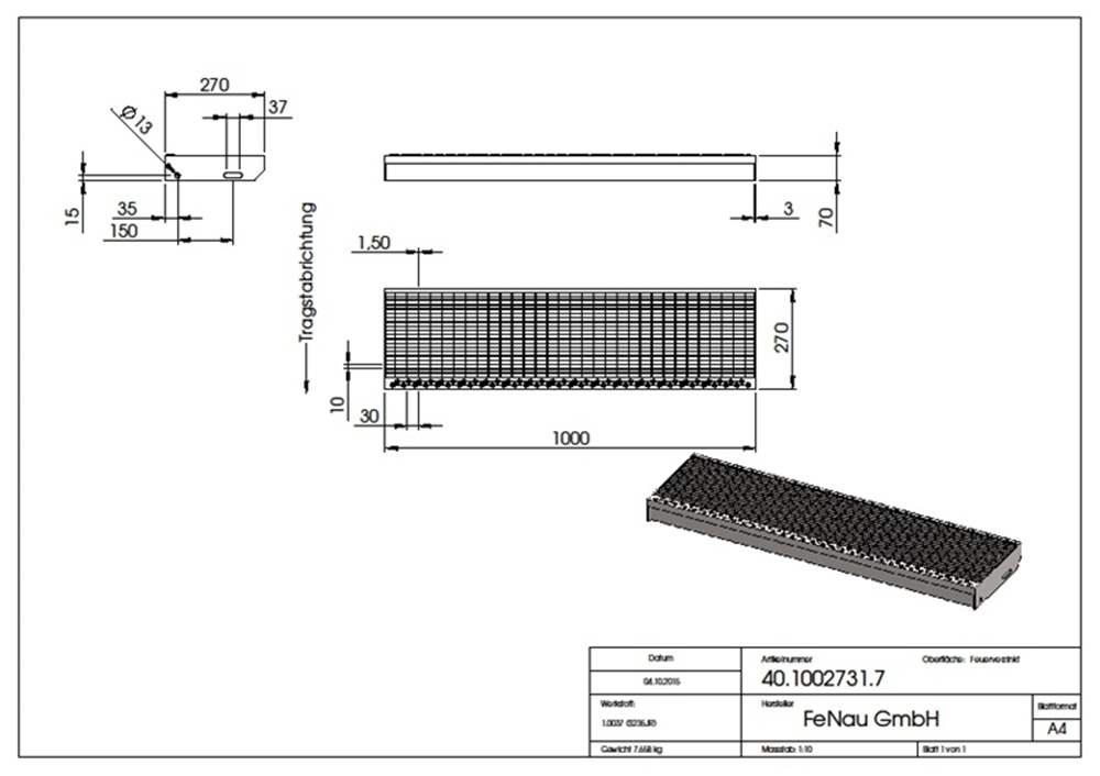 Gitterroststufe Treppenstufe | Maße: 1000x270 mm 30/10 mm | S235JR (St37-2), im Vollbad feuerverzinkt