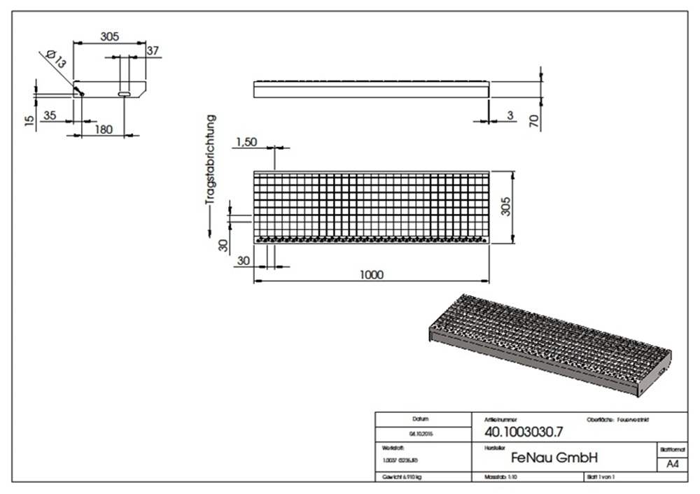 Gitterroststufe Treppenstufe | Maße: 1000x305 mm 30/30 mm | S235JR (St37-2), im Vollbad feuerverzinkt