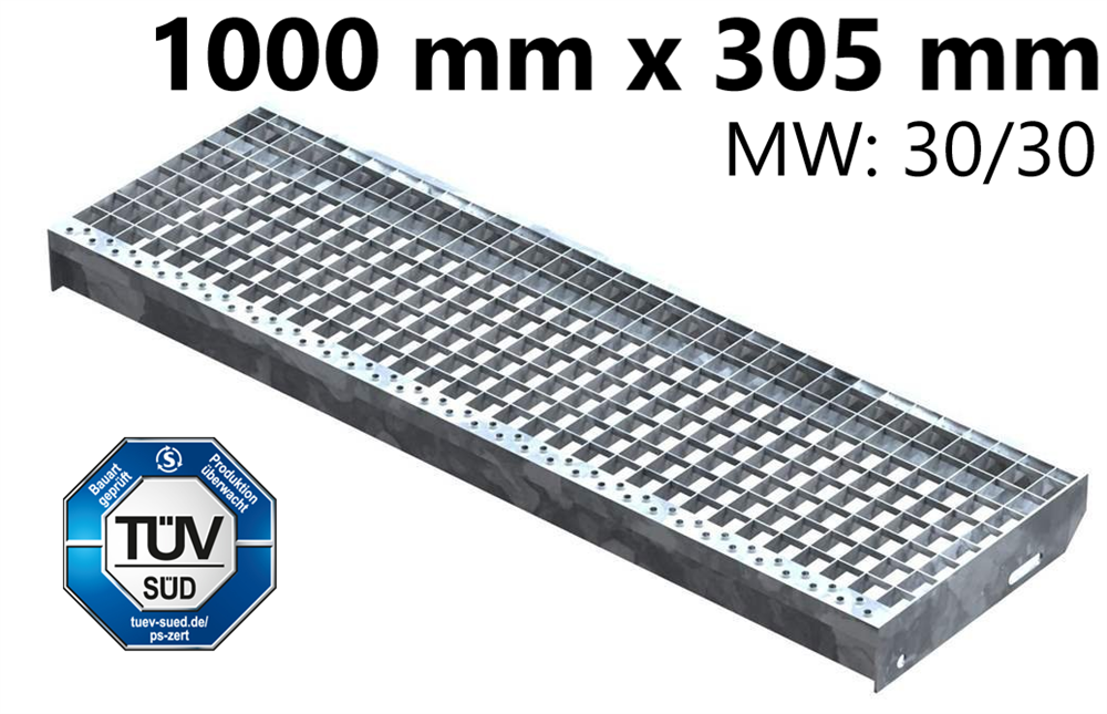 Gitterroststufe Treppenstufe | Maße: 1000x305 mm 30/30 mm | S235JR (St37-2), im Vollbad feuerverzinkt