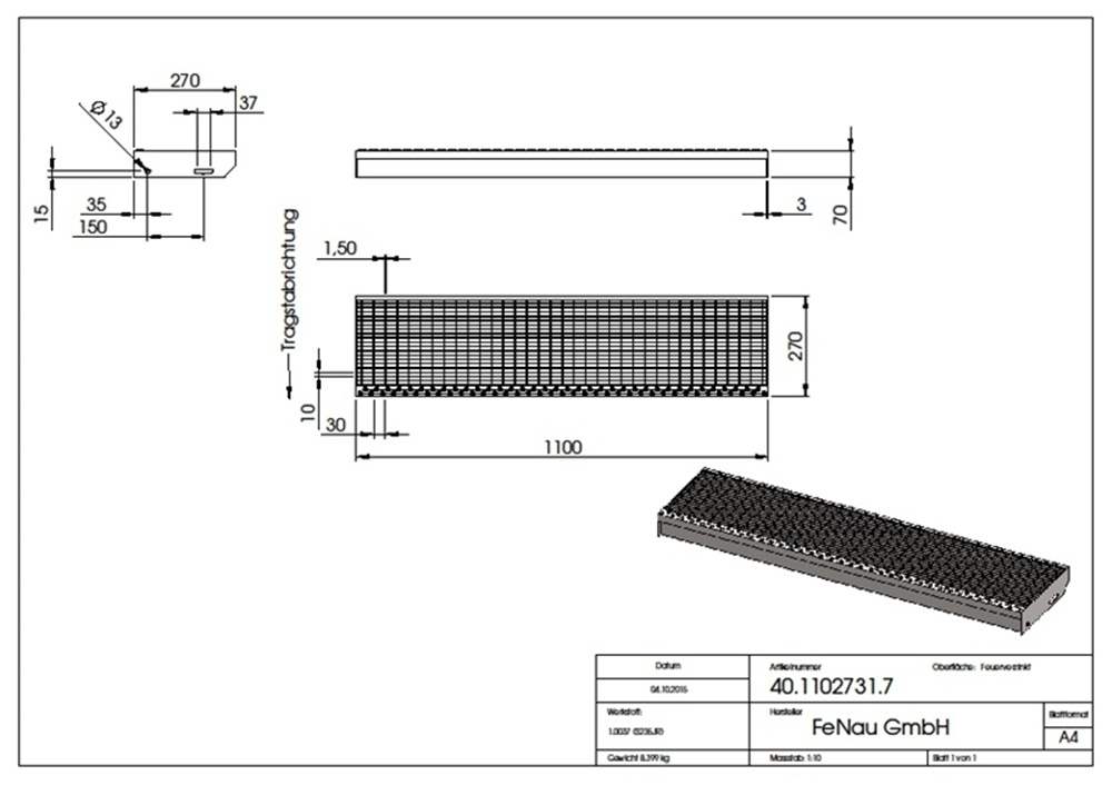 Gitterroststufe Treppenstufe | Maße: 1100x270 mm 30/10 mm | S235JR (St37-2), im Vollbad feuerverzinkt