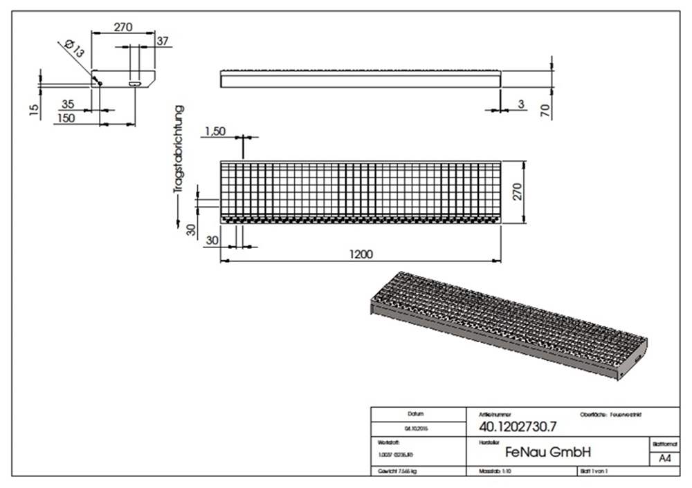 Gitterroststufe Treppenstufe | Maße: 1200x270 mm 30/30 mm | S235JR (St37-2), im Vollbad feuerverzinkt