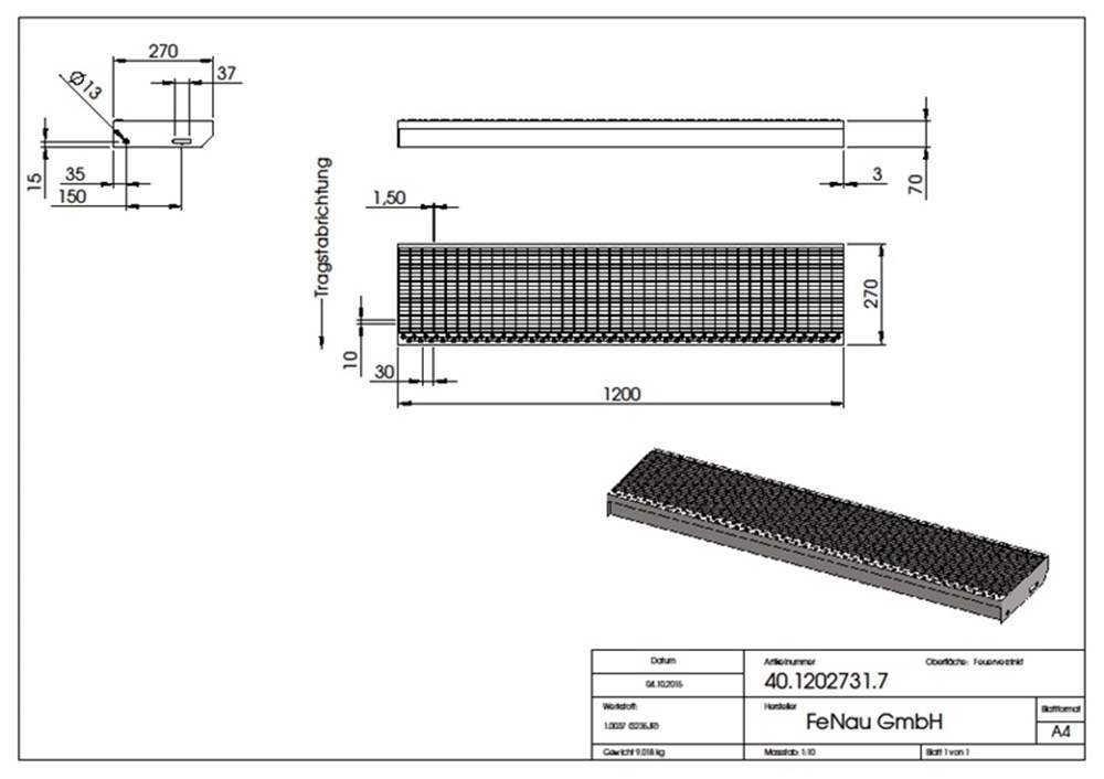 Gitterroststufe Treppenstufe | Maße: 1200x270 mm 30/10 mm | S235JR (St37-2), im Vollbad feuerverzinkt