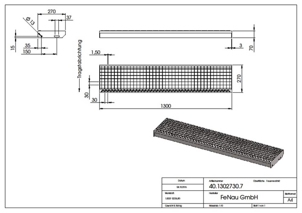 Gitterroststufe Treppenstufe | Maße: 1300x270 mm 30/30 mm | S235JR (St37-2), im Vollbad feuerverzinkt