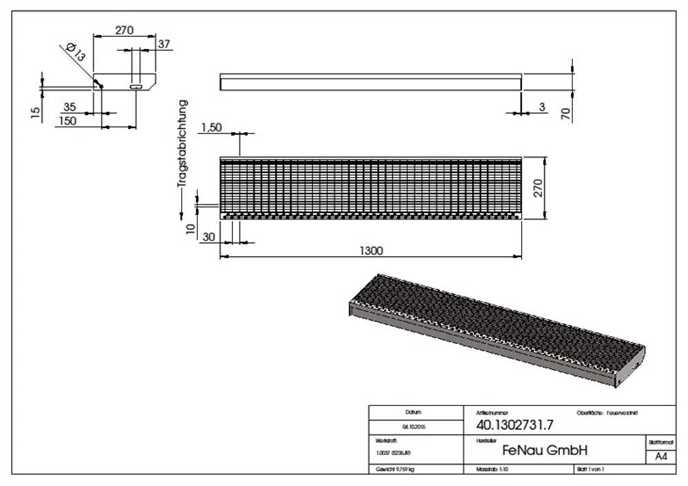 Gitterroststufe Treppenstufe | Maße: 1300x270 mm 30/10 mm | S235JR (St37-2), im Vollbad feuerverzinkt