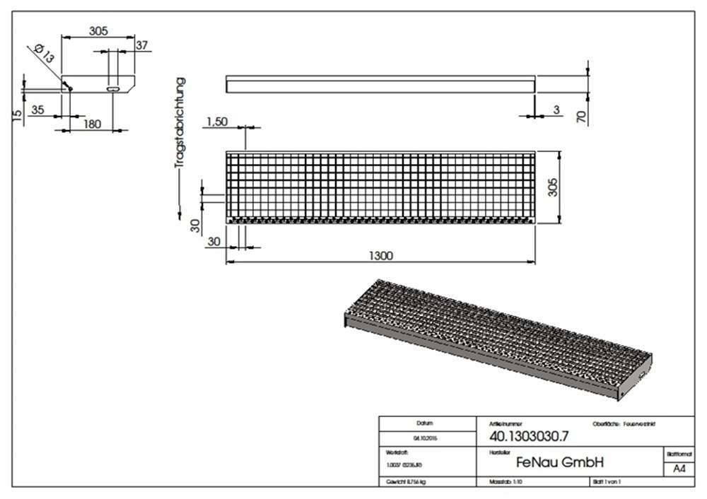 Gitterroststufe Treppenstufe | Maße: 1300x305 mm 30/30 mm | S235JR (St37-2), im Vollbad feuerverzinkt