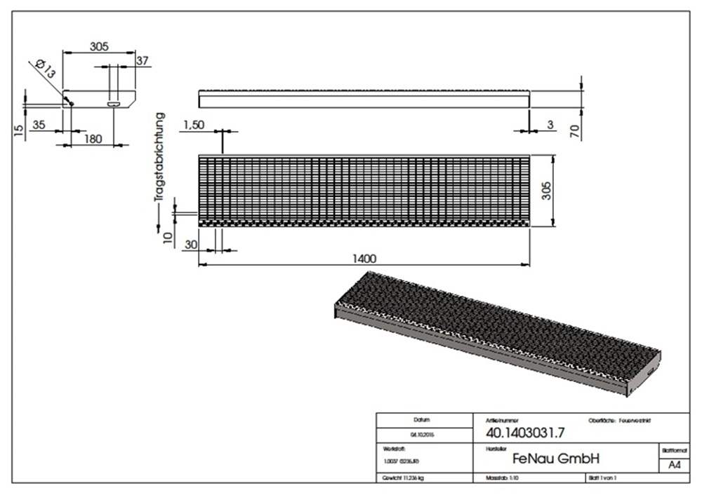 Gitterroststufe Treppenstufe | Maße: 1400x305 mm 30/10 mm | S235JR (St37-2), im Vollbad feuerverzinkt