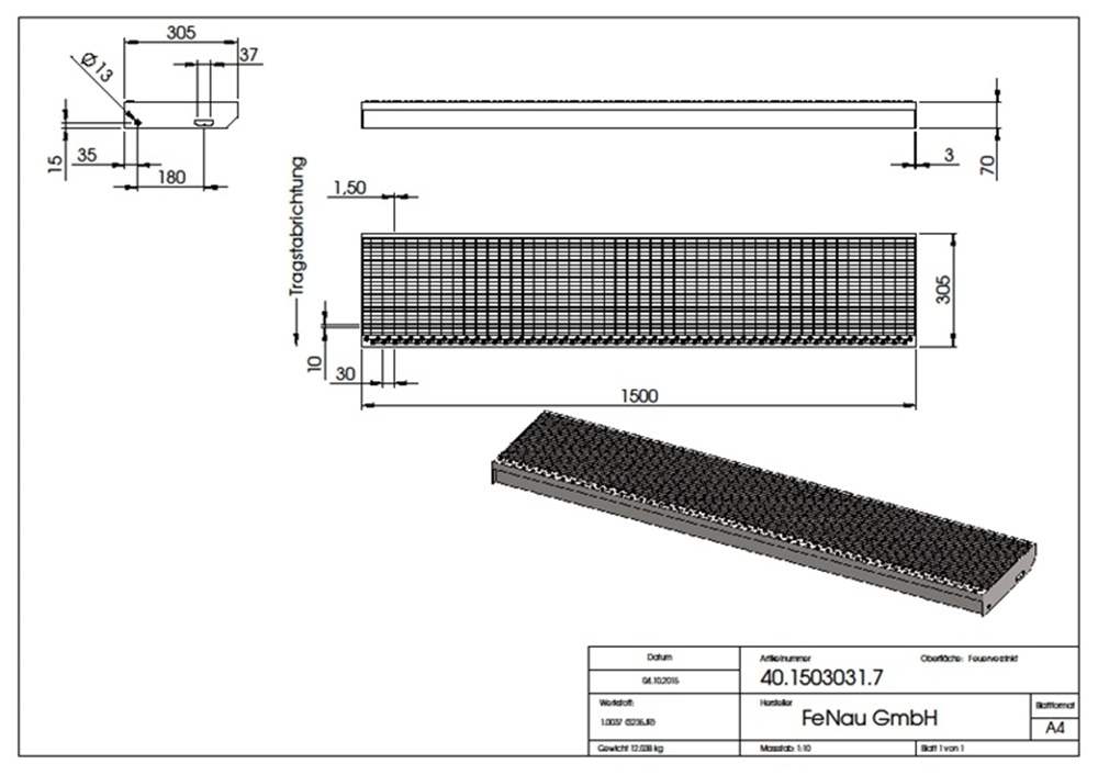 Gitterroststufe Treppenstufe | Maße: 1500x305 mm 30/10 mm | S235JR (St37-2), im Vollbad feuerverzinkt