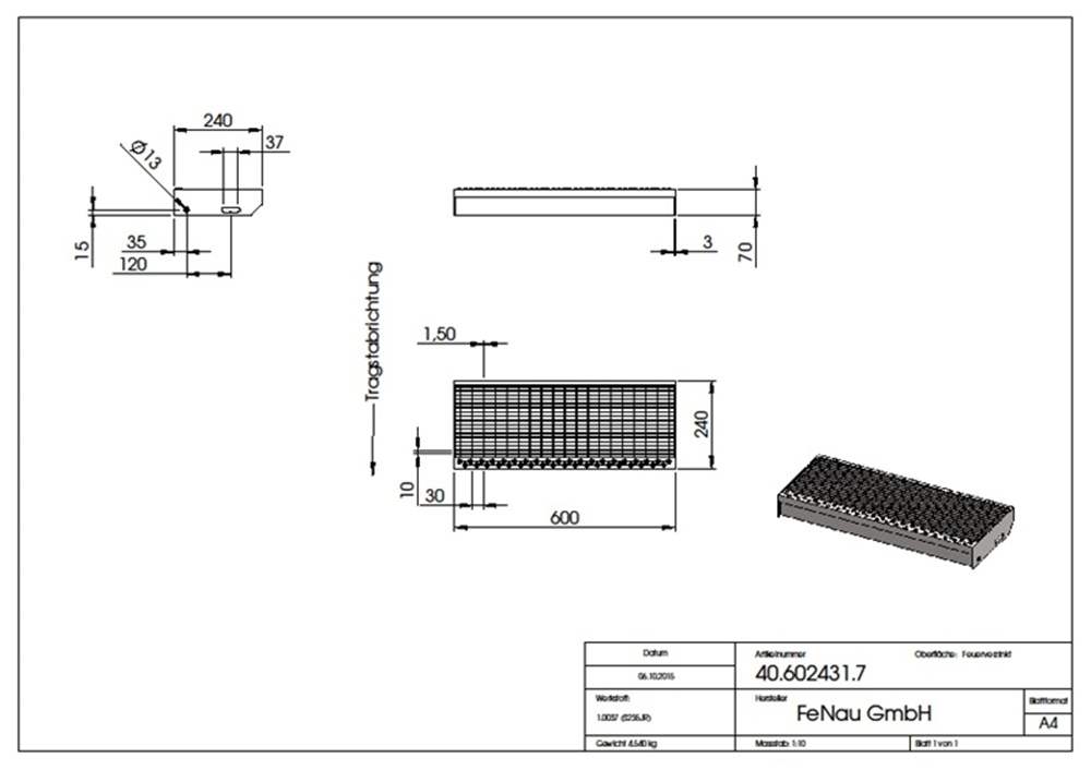 Gitterroststufe Treppenstufe | Maße: 600x240 mm 30/10 mm | S235JR (St37-2), im Vollbad feuerverzinkt