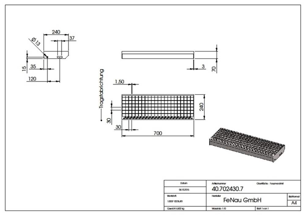 Gitterroststufe Treppenstufe | Maße: 700x240 mm 30/30 mm | S235JR (St37-2), im Vollbad feuerverzinkt
