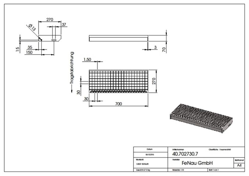 Gitterroststufe Treppenstufe | Maße: 700x270 mm 30/30 mm | S235JR (St37-2), im Vollbad feuerverzinkt