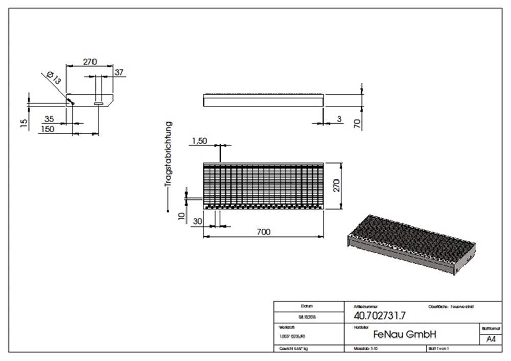 Gitterroststufe Treppenstufe | Maße: 700x270 mm 30/10 mm | S235JR (St37-2), im Vollbad feuerverzinkt