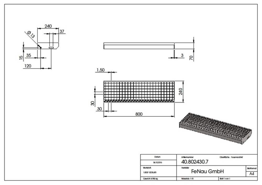 Gitterroststufe Treppenstufe | Maße: 800x240 mm 30/30 mm | S235JR (St37-2), im Vollbad feuerverzinkt