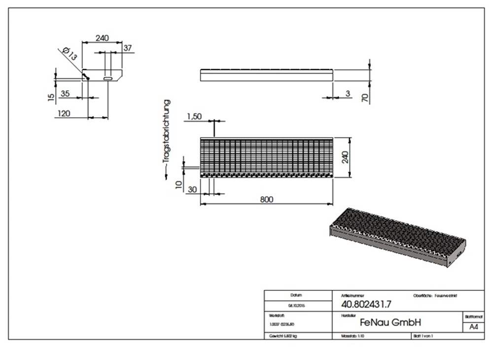 Gitterroststufe Treppenstufe | Maße: 800x240 mm 30/10 mm | S235JR (St37-2), im Vollbad feuerverzinkt
