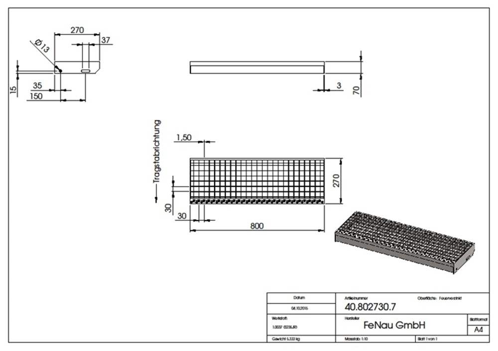 Gitterroststufe Treppenstufe | Maße: 800x270 mm 30/30 mm | S235JR (St37-2), im Vollbad feuerverzinkt