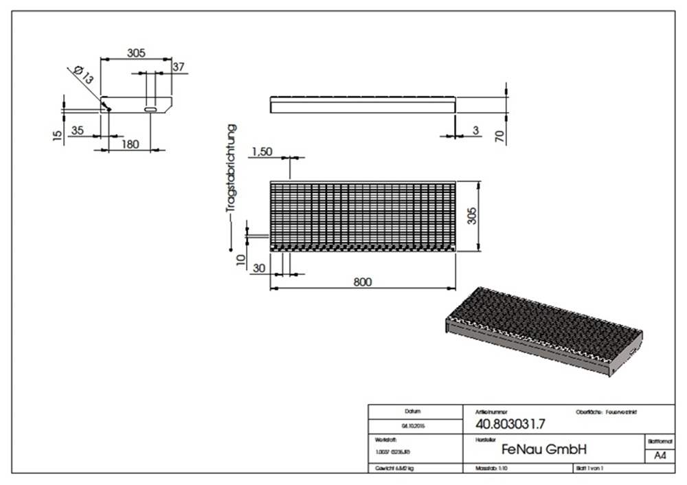 Gitterroststufe Treppenstufe | Maße: 800x305 mm 30/10 mm | S235JR (St37-2), im Vollbad feuerverzinkt