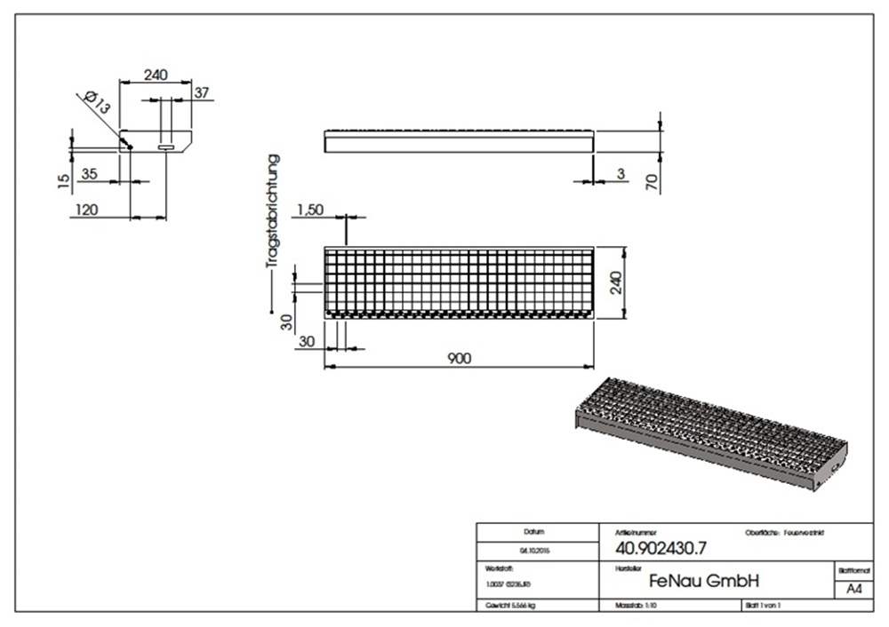 Gitterroststufe Treppenstufe | Maße: 900x240 mm 30/30 mm | S235JR (St37-2), im Vollbad feuerverzinkt