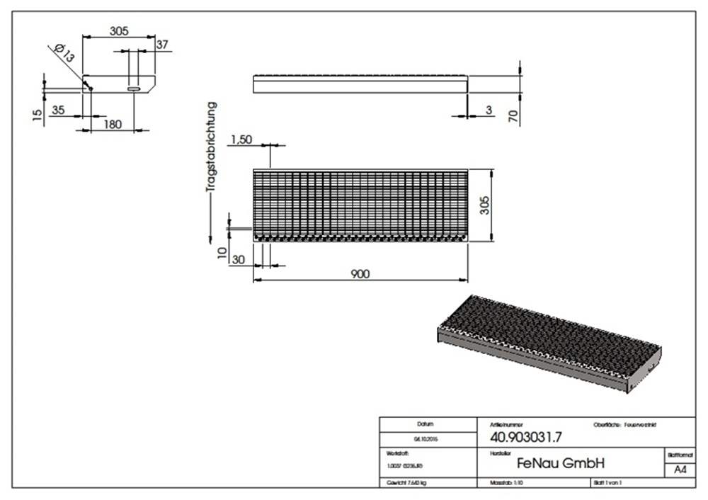 Gitterroststufe Treppenstufe | Maße: 900x305 mm 30/10 mm | S235JR (St37-2), im Vollbad feuerverzinkt