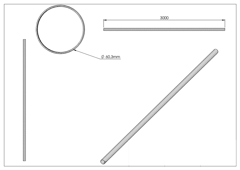 Rundrohr | Material: 60,3x3,5 mm | Länge: 3000 mm | Stahl (Roh) S235JR